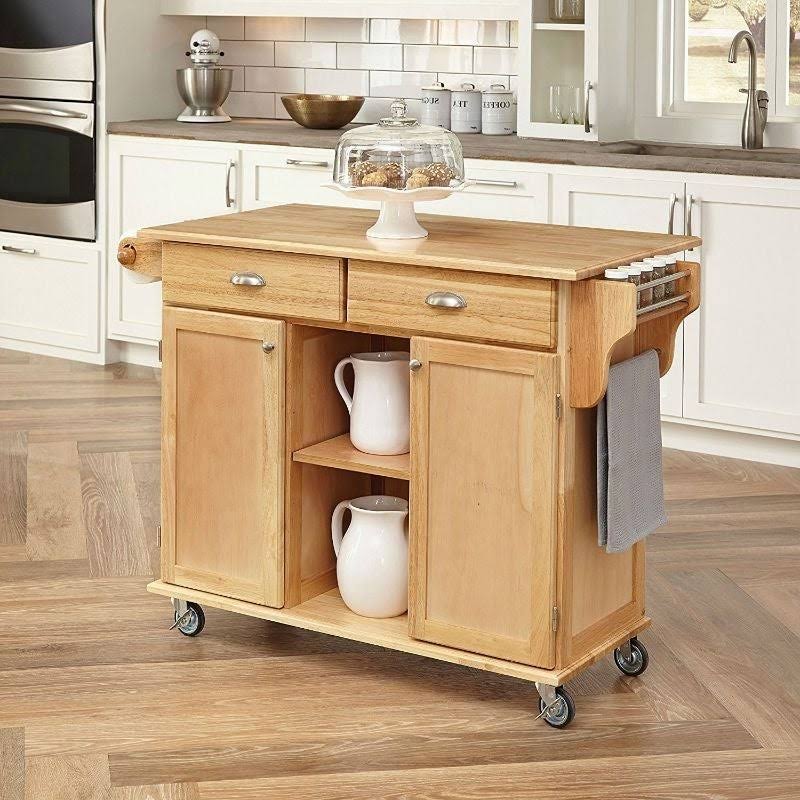 Natural Wood Finish Kitchen Island Cart with Locking Casters Z738203