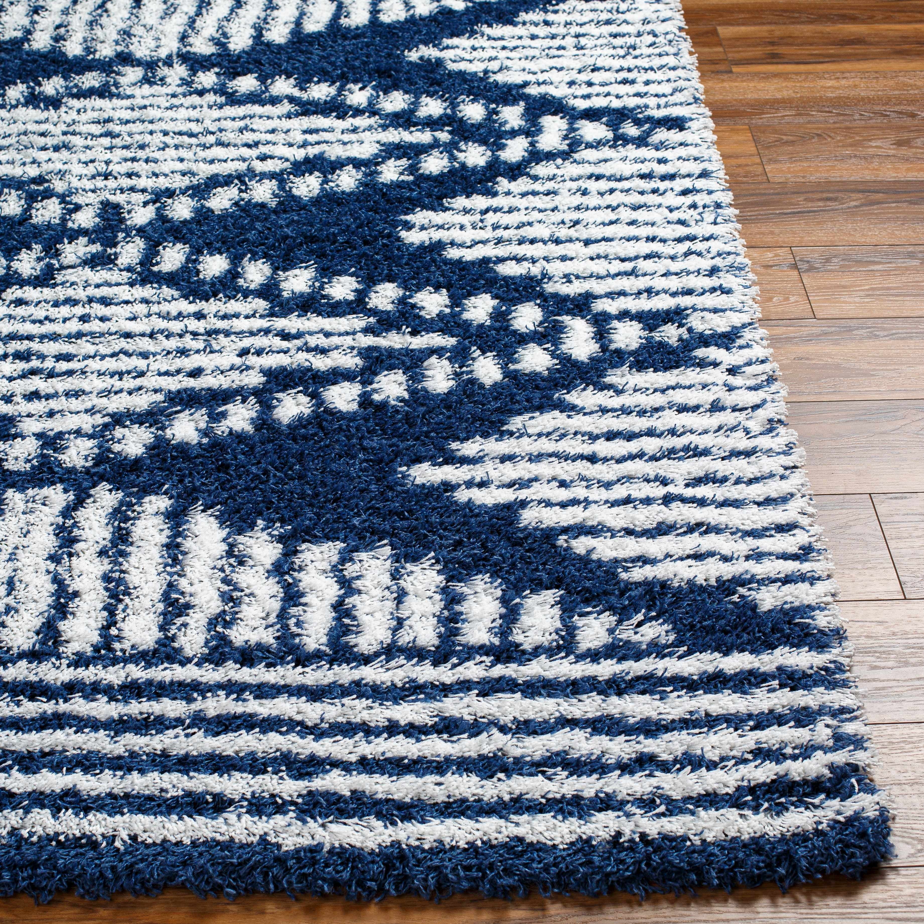 Blue Grey Off White Shag Area Rug X387345