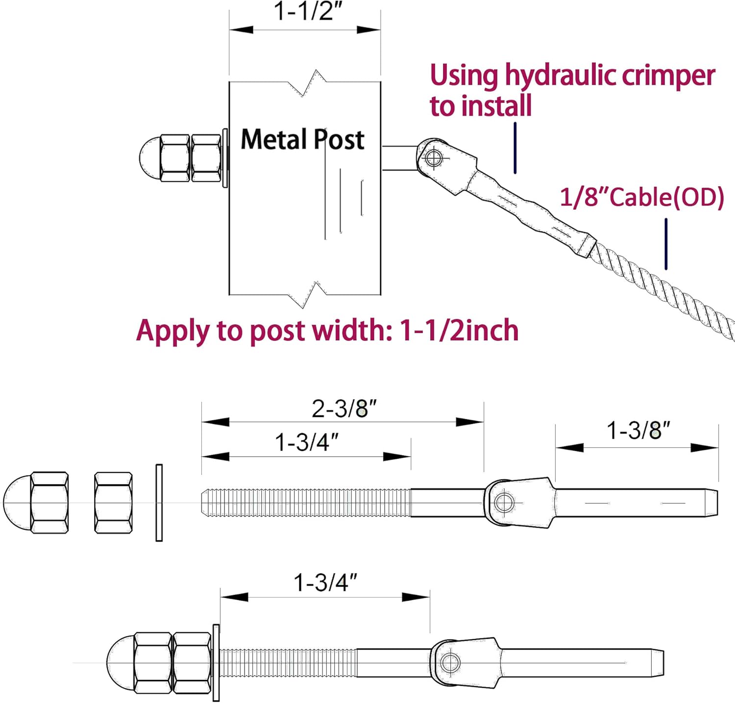 1/8 Inch T316 Stainless Steel Adjustable Cable Railing Kit for 1.5 Inch Metal Post, 20 Pack F1242