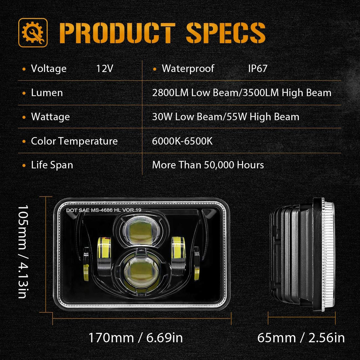 4x6 LED Headlights, 4PCS 60W DOT Approved Rectangular Black I840
