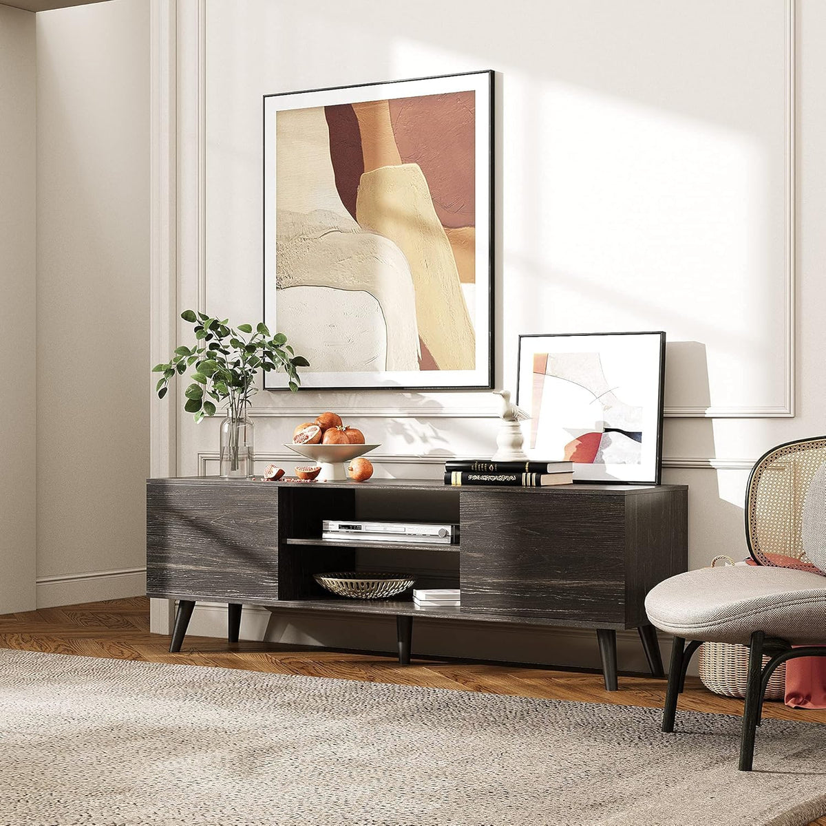 Gray Oak TV Stand with Storage Cabinet and Open Shelves Q4064