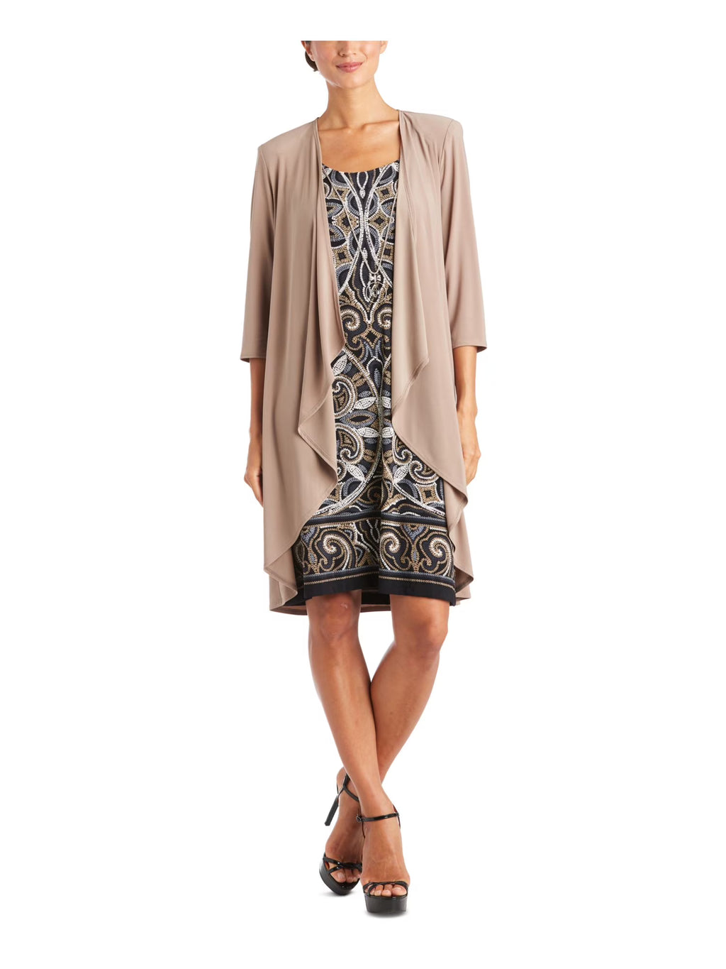 Brown 3/4 Sleeve Open Front Waterfall Cardigan Plus 20W U54308