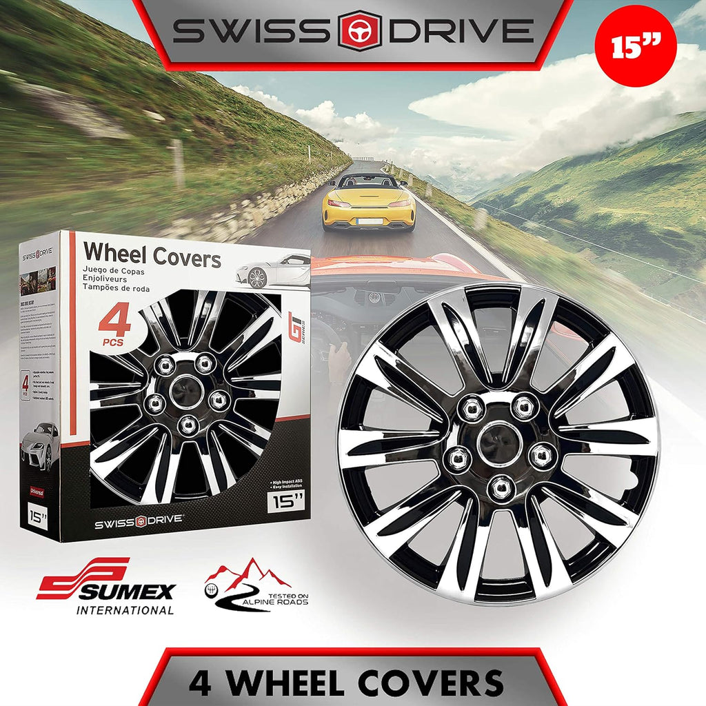 Chrome and Black 15-Inch Set of 4 Car Wheel Hubcaps C37447