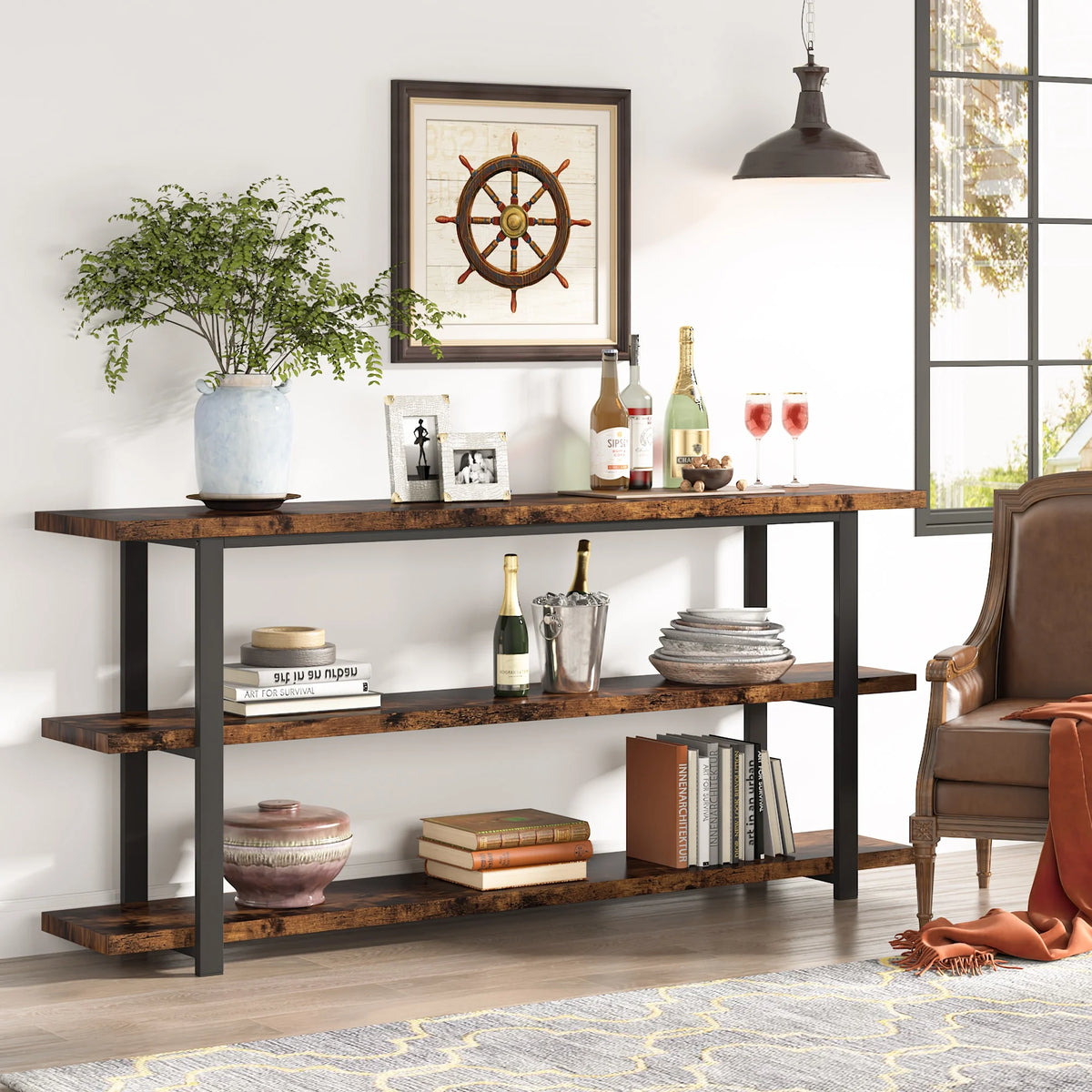 70.9 Inch Industrial Narrow Console Table with 3 Tier Storage Shelves W772091