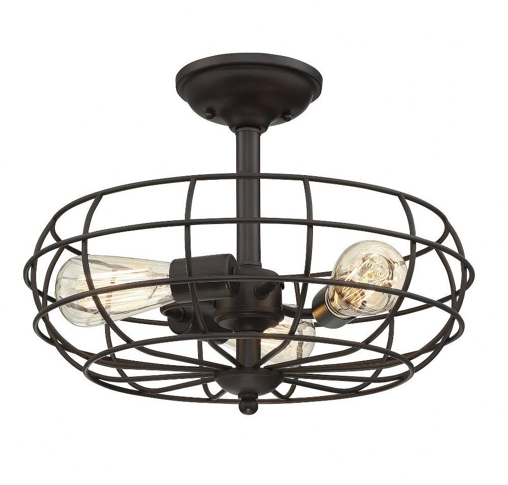 Rustic 3 Light Industrial Semi-Flush Light with Cage Shade in English Bronze Metal U5023