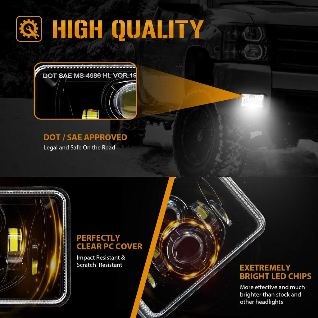 4x6 LED Headlights, 4PCS 60W DOT Approved Rectangular Black I840