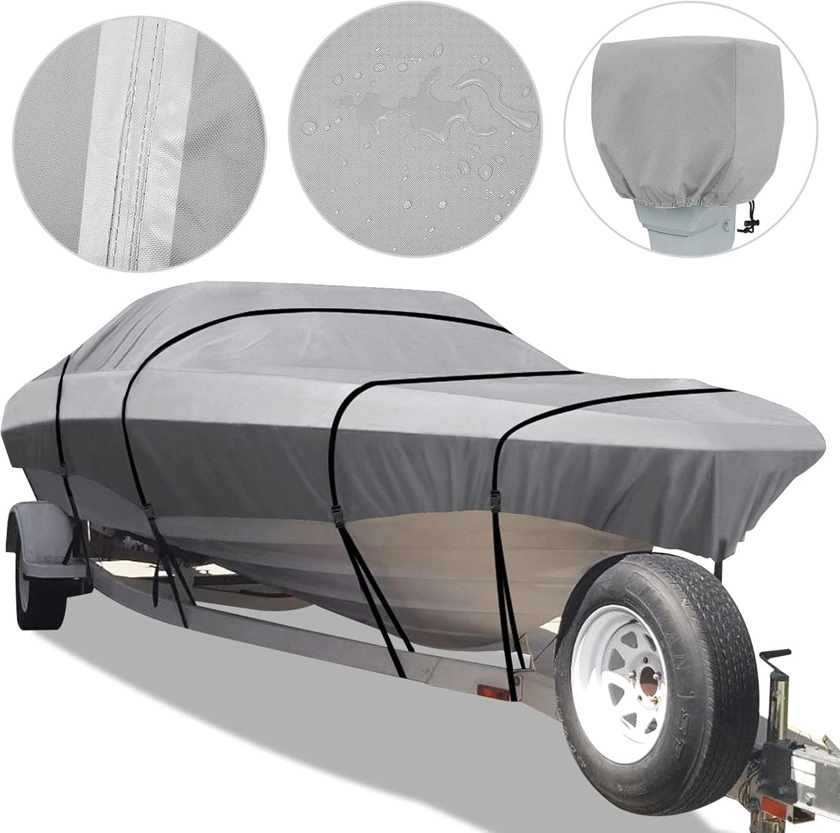 800D Waterproof V-Hull Boat Cover with Motor Cover (17-19' Beam Width: up to 96", Gray) R410