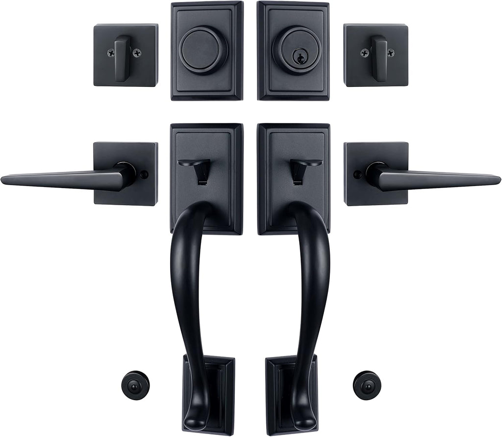 Matte Black Double Door Handleset with Single Cylinder Deadbolt Lock and Lever K41392