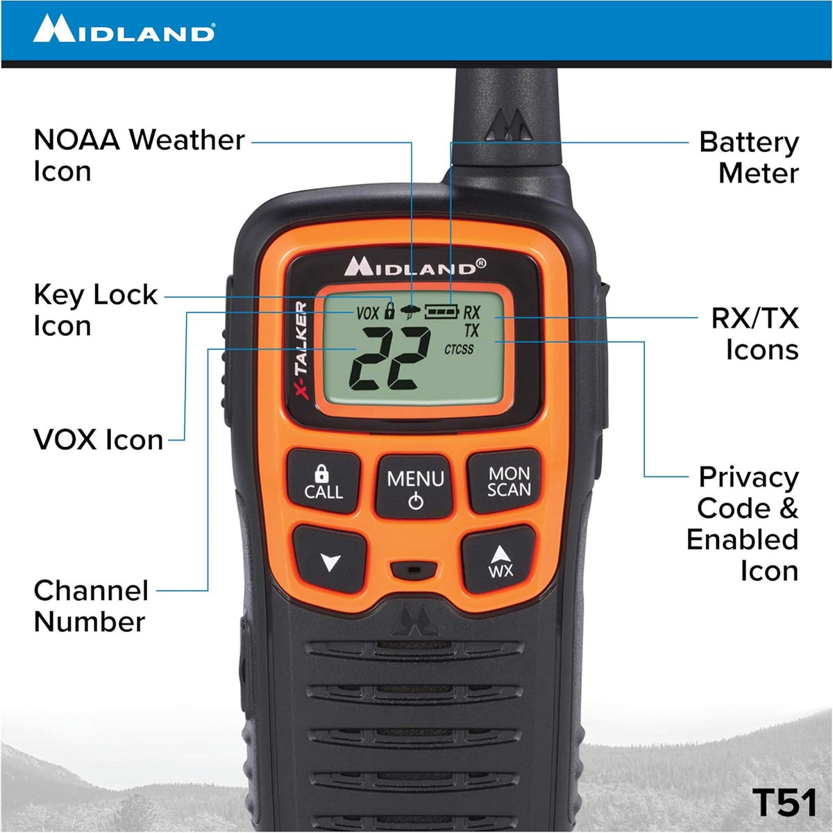 22 Channel FRS Walkie Talkie Two-Way Radio Orange/Black Pack of 6 W6222