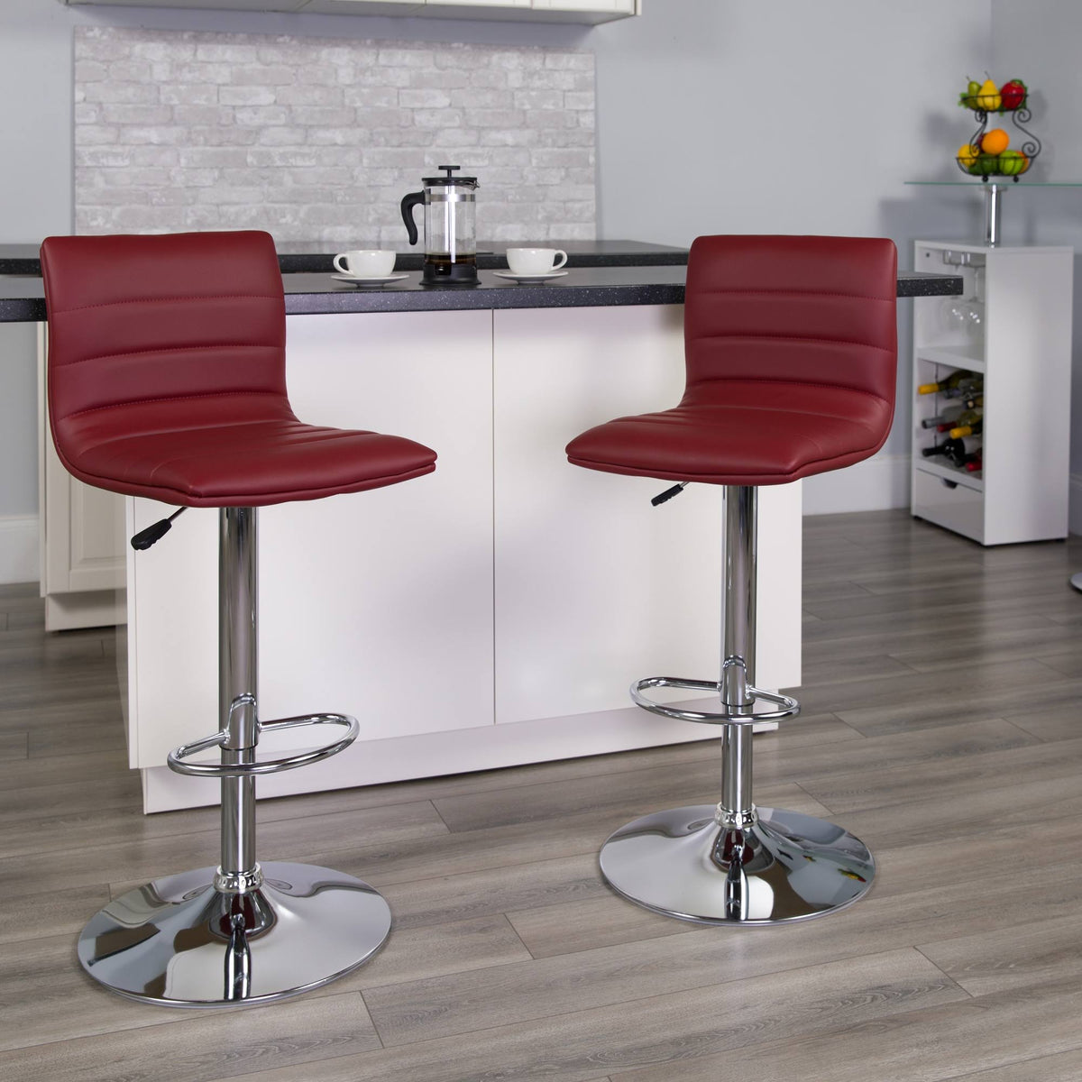 Burgundy Red and Silver Adjustable Swivel Barstool Y189822