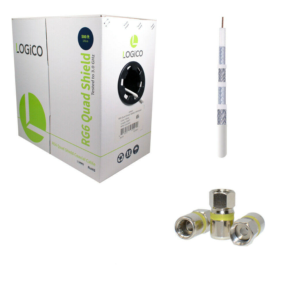 RG6 Quad Shield Coaxial Cable 500ft White with 50 Piece F-Type Compression Connectors W82842
