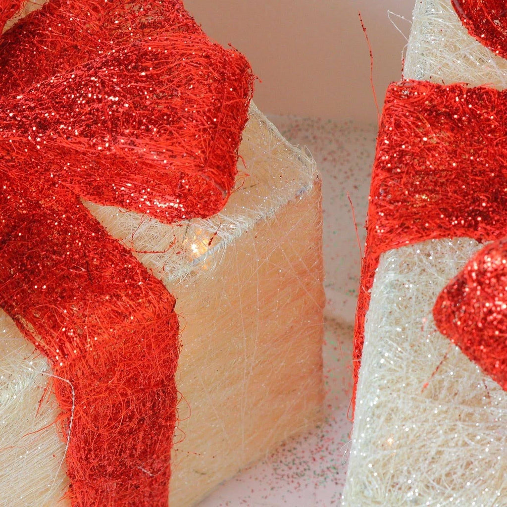 Set of 3 Lighted White Sisal Gift Boxes Christmas Yard Decorations V7326
