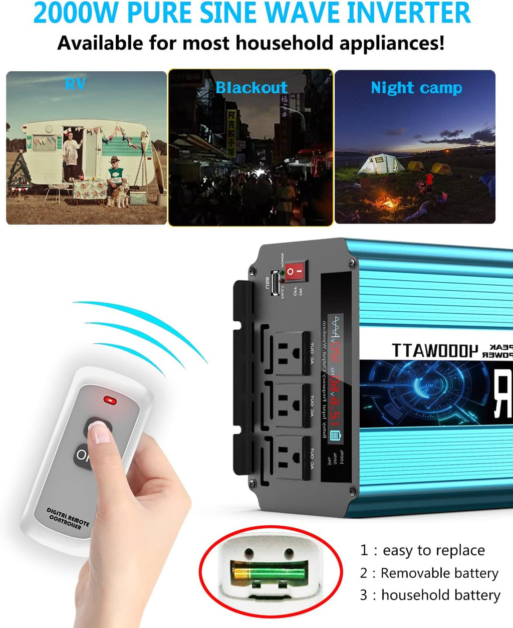 2000W Pure Sine Wave Power Inverter 12V DC to AC 110V/120V Converter with LCD Display Y867242