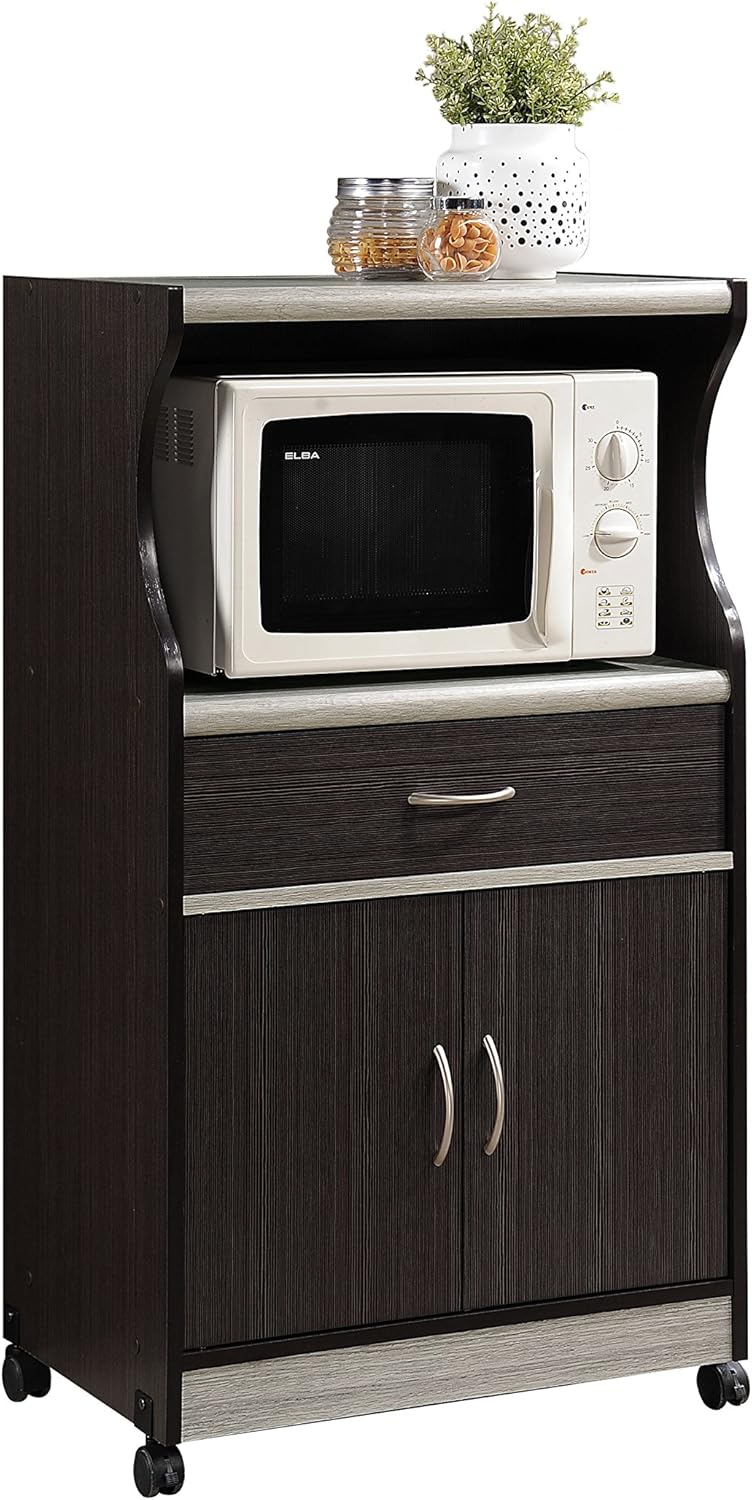 Grey-Oak Microwave Cart with One Drawer, Two Doors, and Shelf J86356