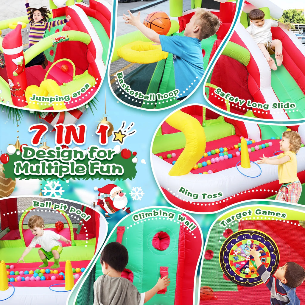 7 in 1 Inflatable Bounce House with Ball Pit Pool, Climbing Wall, Slide and Blower Z4471