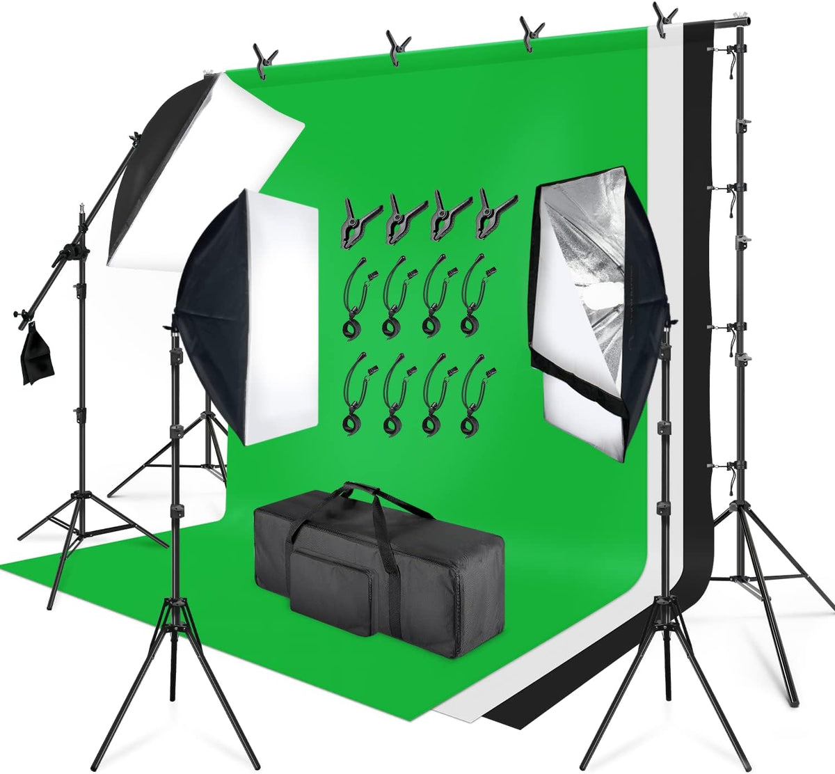 10 ft. Backdrop Support Stand Softbox Lighting Kit with White Black Green Background Screen S37483