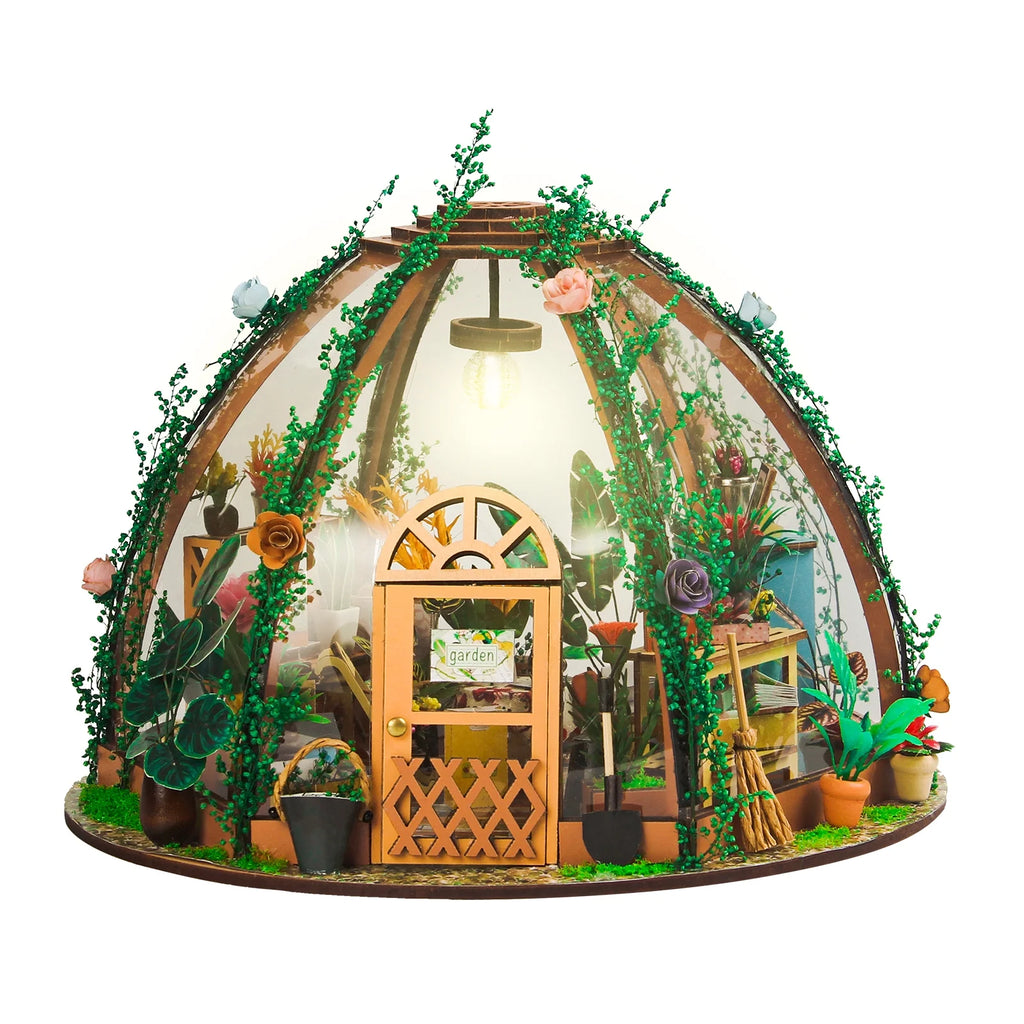 DIY Miniature Dollhouse Kit Wooden Flower Green House with LED Light U96628