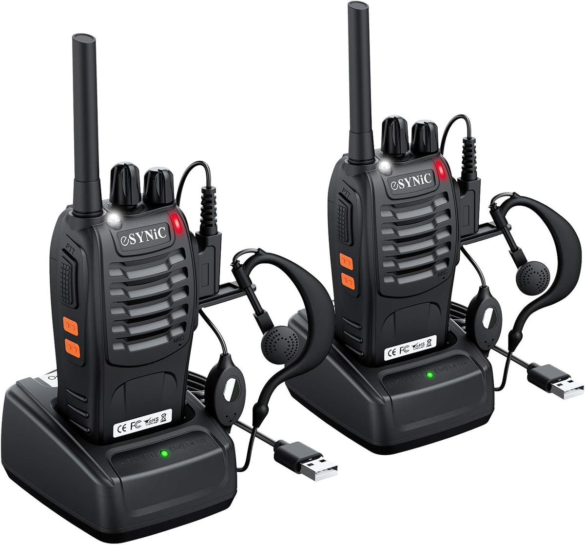 Rechargeable Walkie Talkies with Earpieces 2pcs Two-Way Radios 16 Channel USB Cable Charging Handheld Transceiver with Flashlight Pack of 2 N997