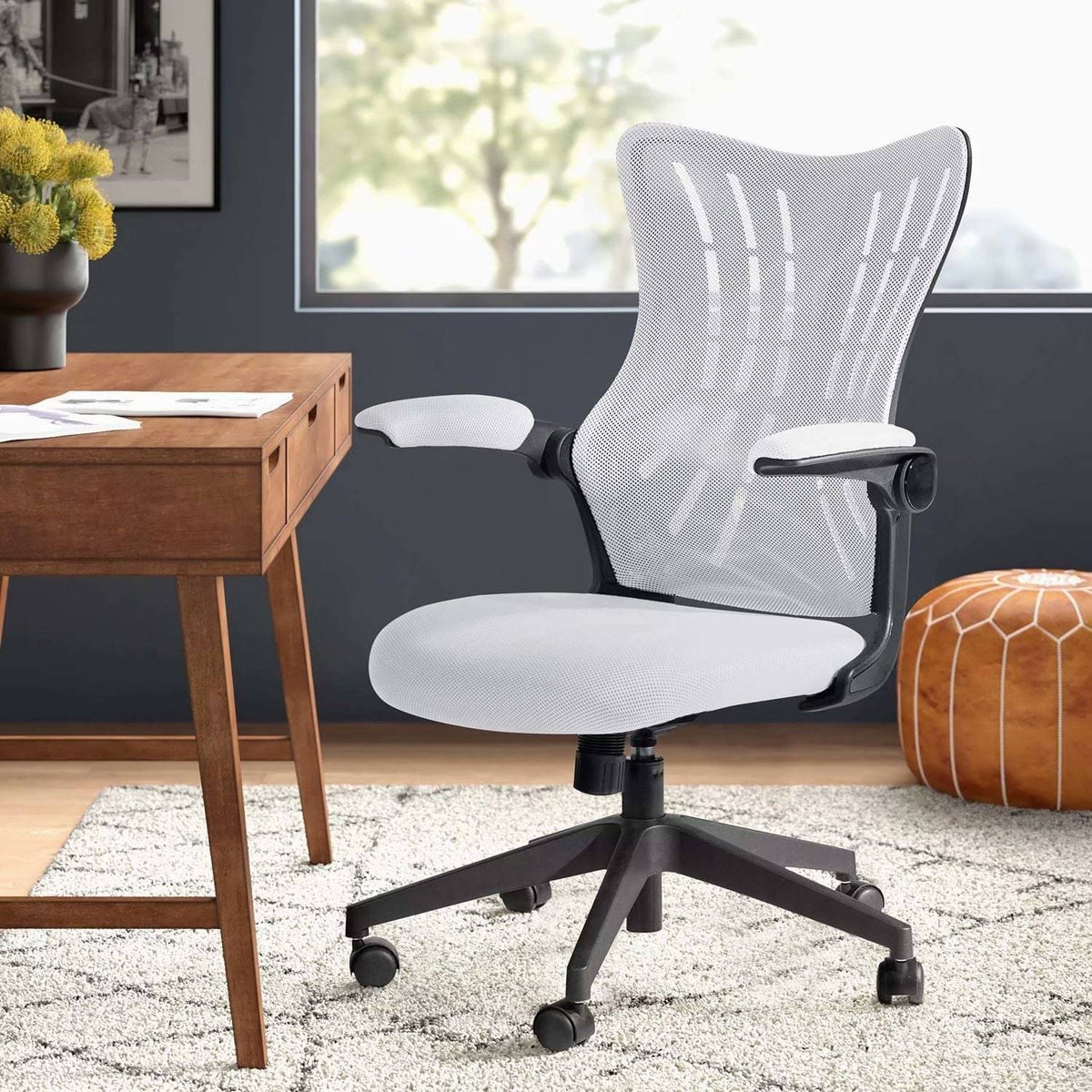 Grey Mid Back Mesh Swivel Task Chair with Flip Arms B9115