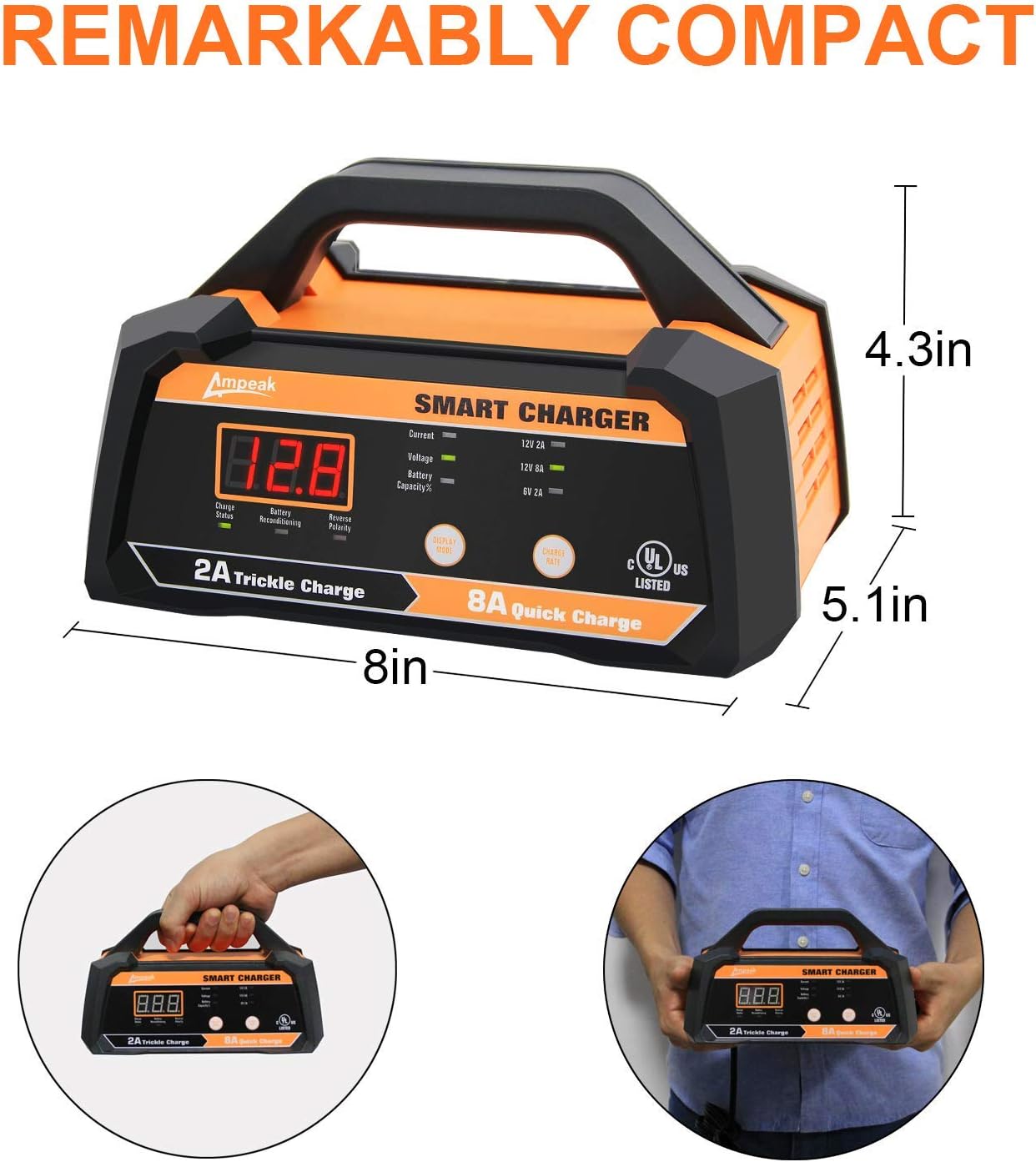 6V 12V Smart Car Battery Charger and Maintainer 2A 8A with Cable Clamps H2641