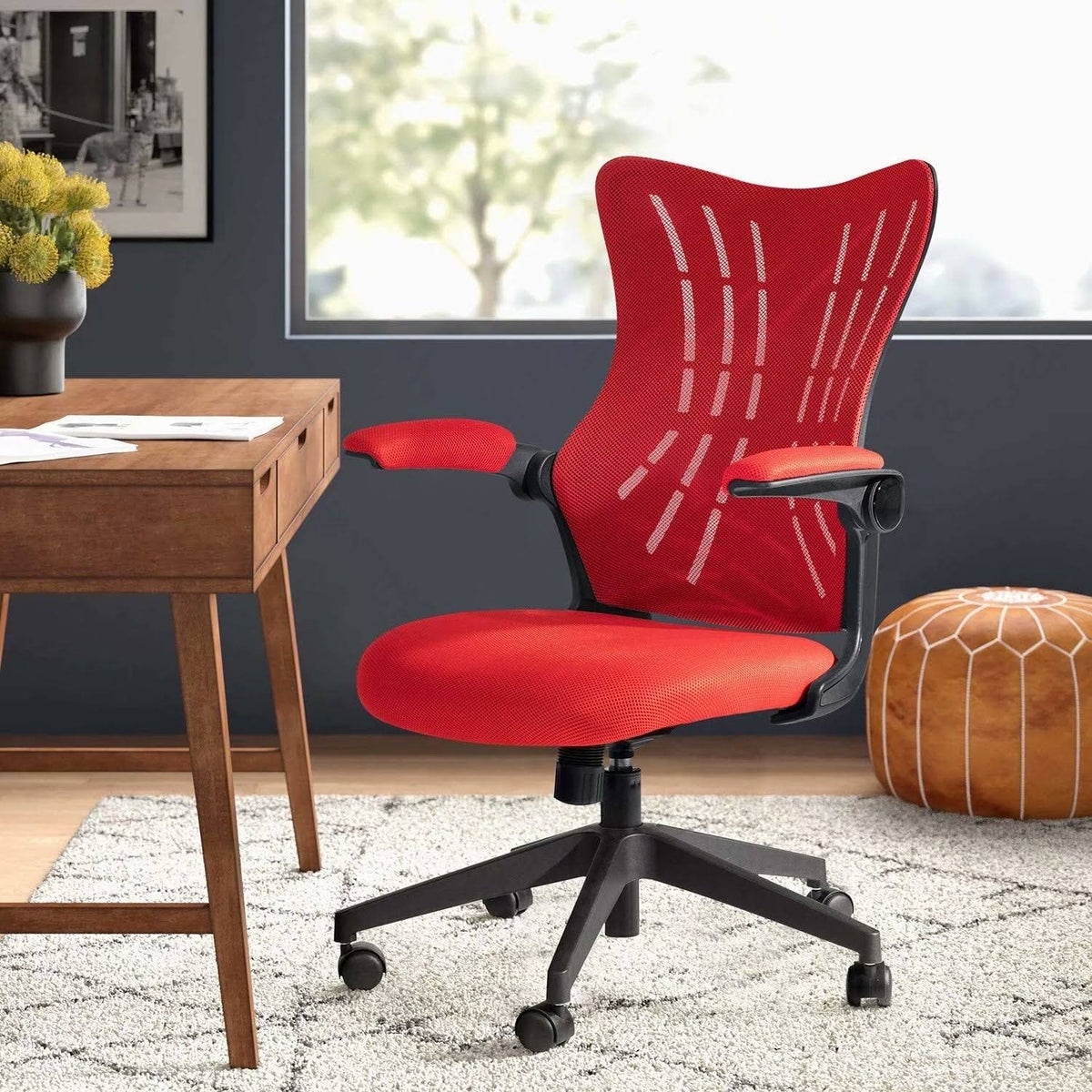 Grey Mid Back Mesh Swivel Task Chair with Flip Arms B9115