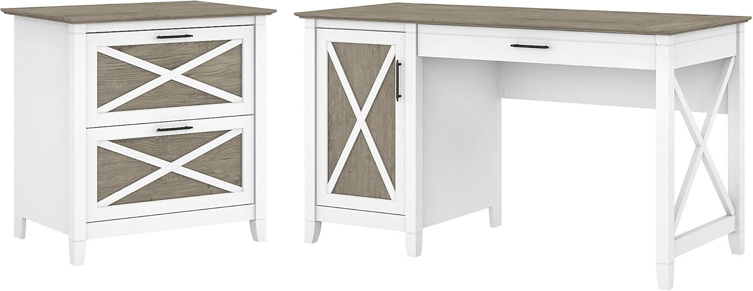 54W Linen White Oak Computer Desk with Storage and 2 Drawer Lateral File Cabinet S22738