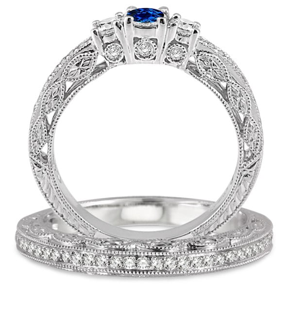 2 Carat Sapphire and Diamond Antique Bridal Set on 10k White Gold E2088