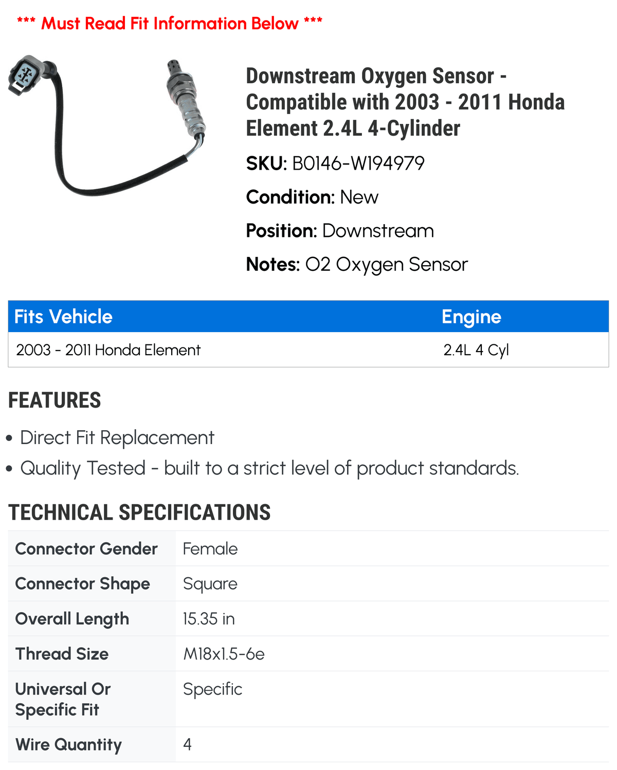 Oxygen Sensor for Honda Element 2.4L 4-Cylinder M5729