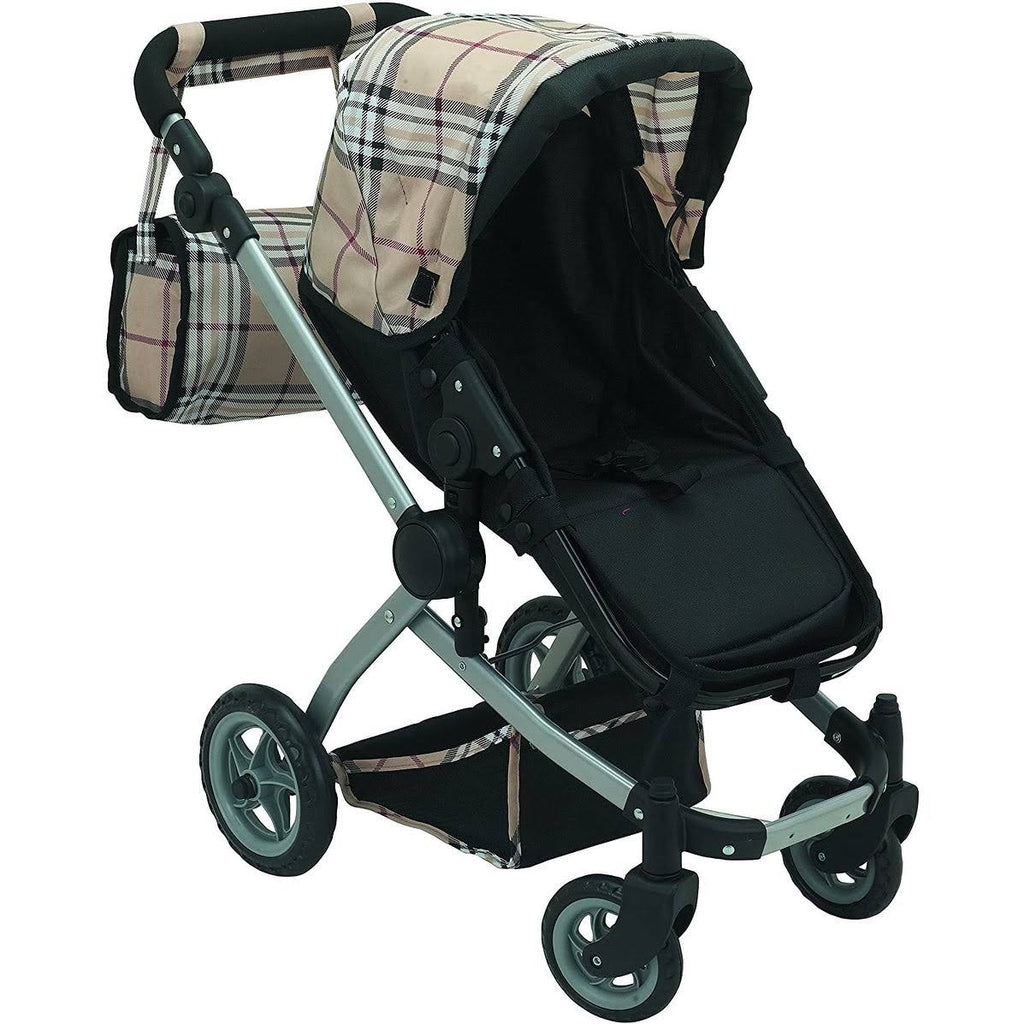 Beige Plaid Doll Pram with Swiveling Wheels and Adjustable Handle D557531