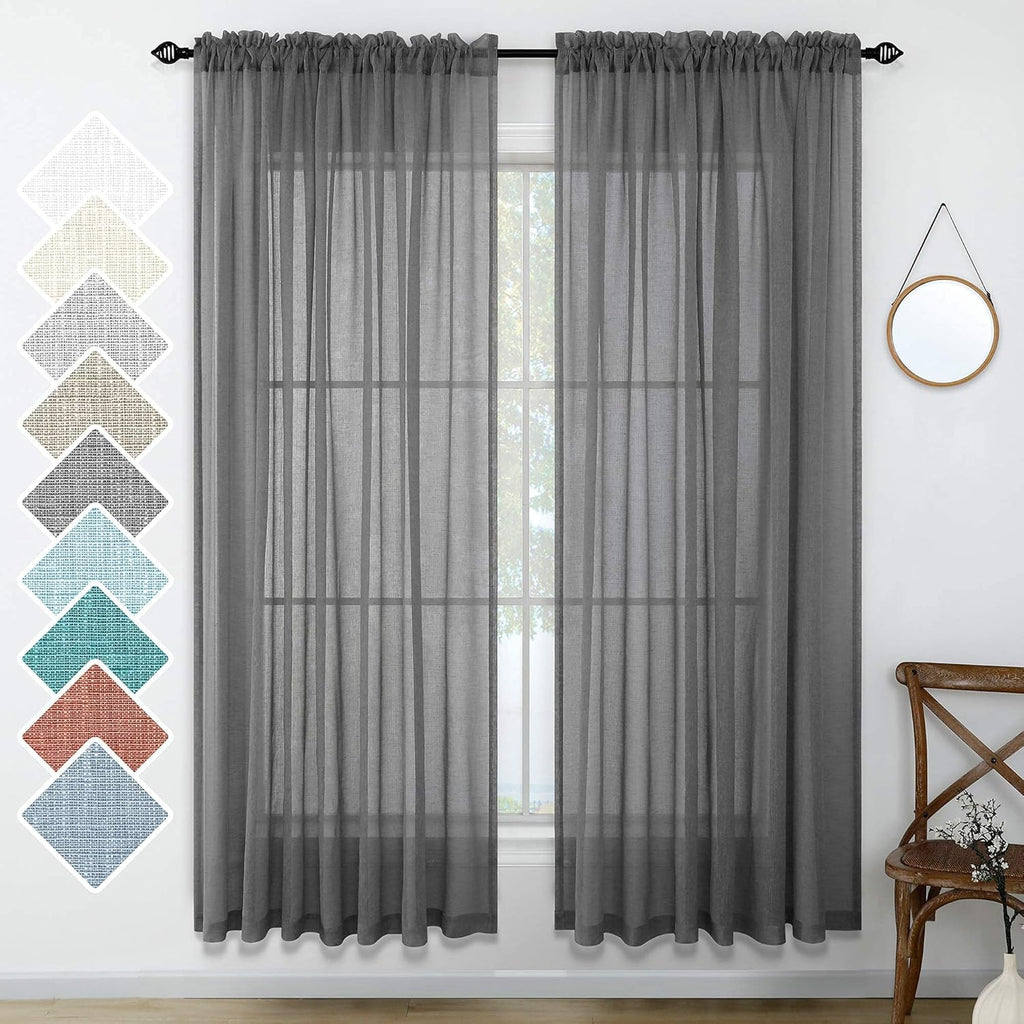 Navy Blue Semi Sheer Faux Linen Rod Pocket Curtains 84 Inch Set of 2 Panels J573360