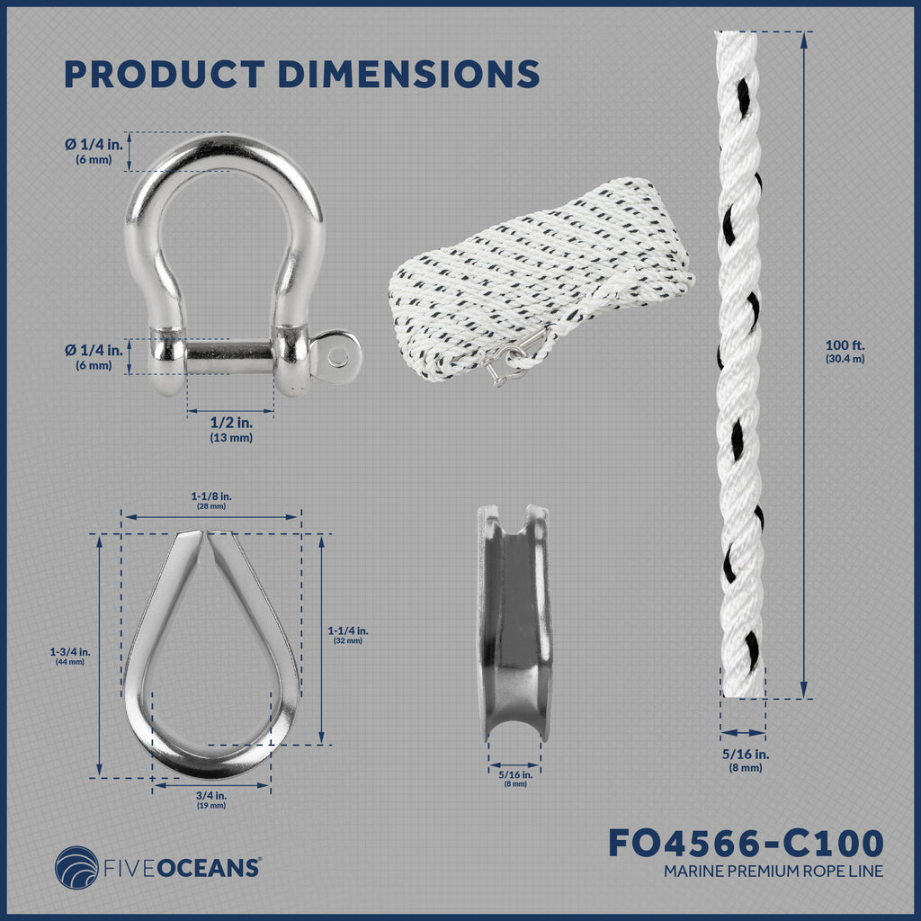 5/16 inch x 100 ft 3-Strand White Nylon Anchor Rope Line with Stainless Steel Thimble and Schakle B699