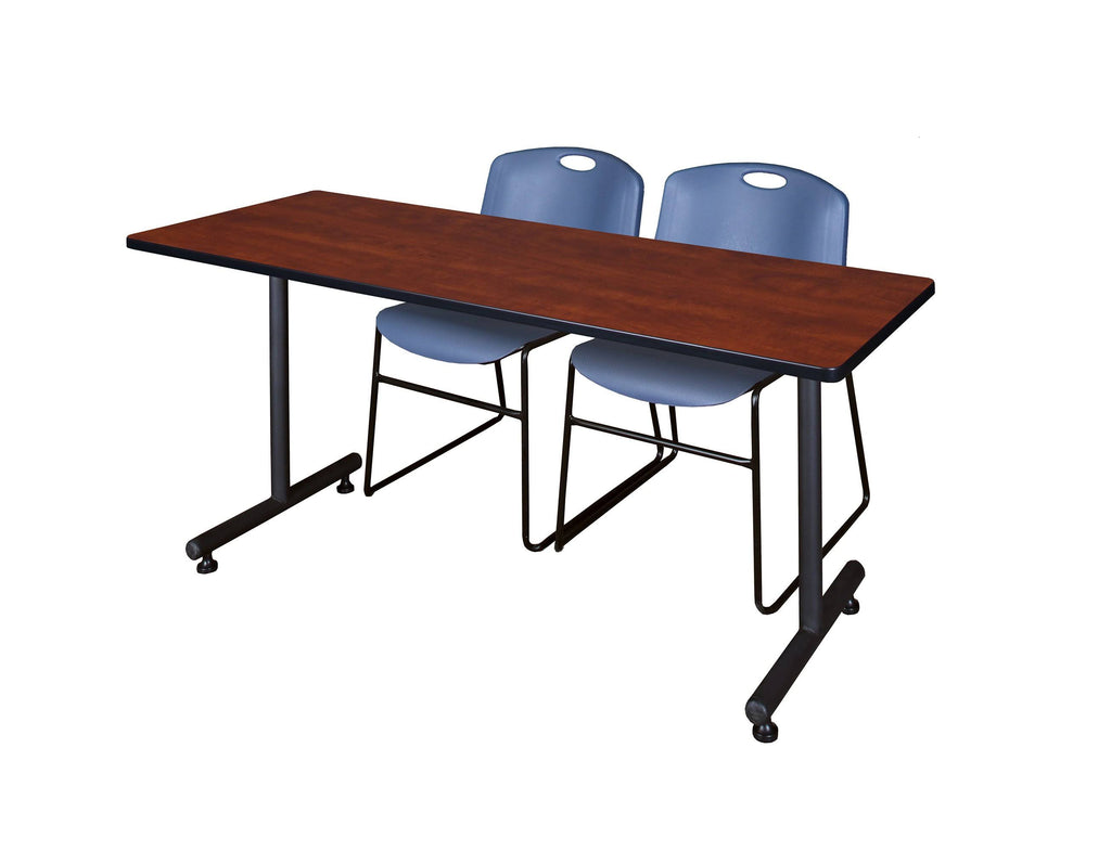 Cherry Training Table with 2 Blue Stack Chairs E507