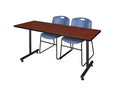Cherry Training Table with 2 Blue Stack Chairs E507