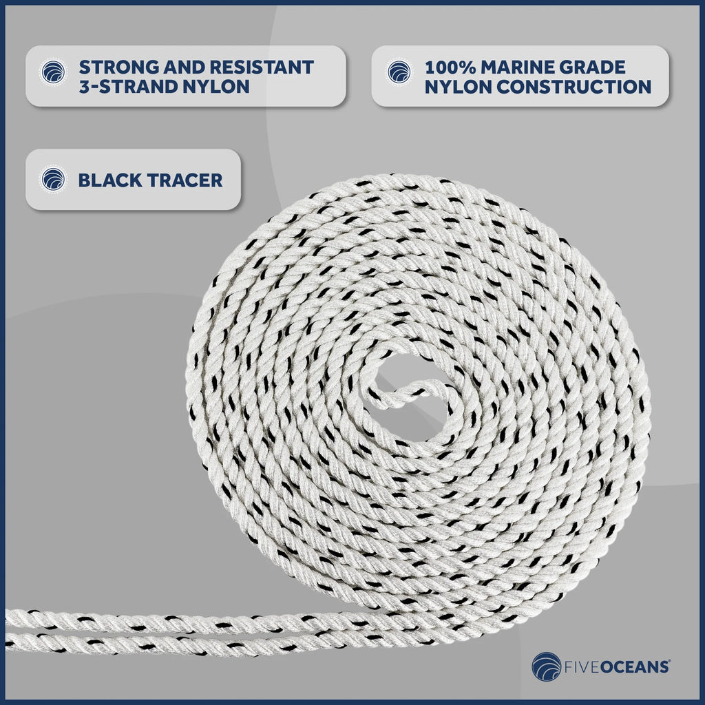 5/16 inch x 100 ft 3-Strand White Nylon Anchor Rope Line with Stainless Steel Thimble and Schakle B699