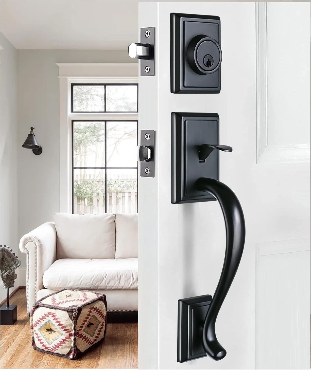 Matte Black Double Door Handleset with Single Cylinder Deadbolt Lock and Lever K41392