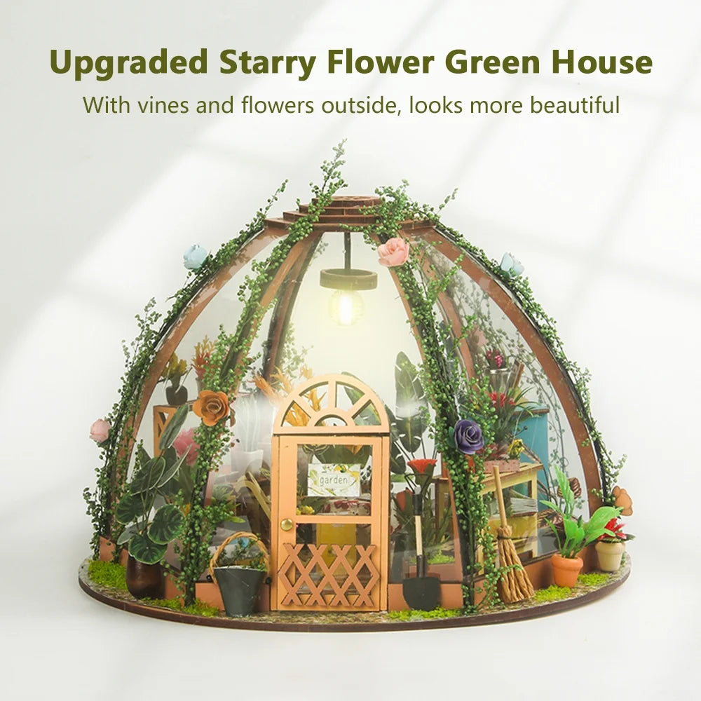 DIY Miniature Dollhouse Kit Wooden Flower Green House with LED Light U96628