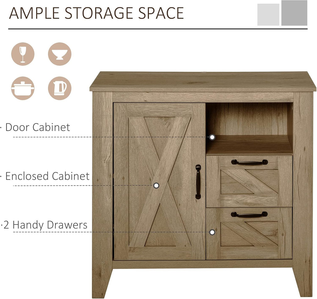 Farmhouse Sideboard Serving Buffet with Cabinet, Open Shelf, 2 Drawers, Oak Finish G67763