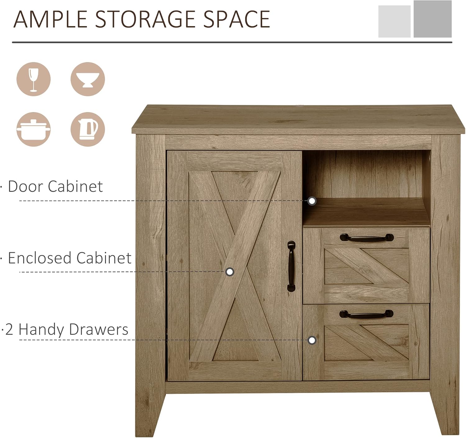 Farmhouse Sideboard Serving Buffet with Cabinet, Open Shelf, 2 Drawers, Oak Finish G67763