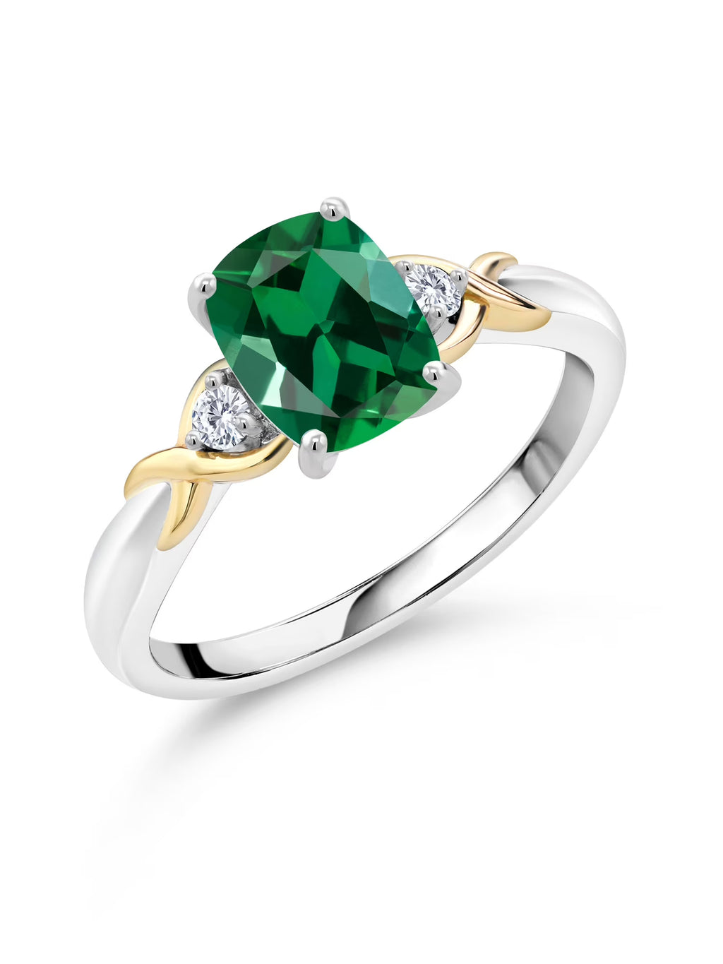 2 Tone 10K Yellow Gold and 925 Sterling Silver Green Created Emerald and White Lab Grown Diamond Engagement Ring B458