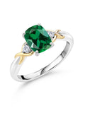 2 Tone 10K Yellow Gold and 925 Sterling Silver Green Created Emerald and White Lab Grown Diamond Engagement Ring B458