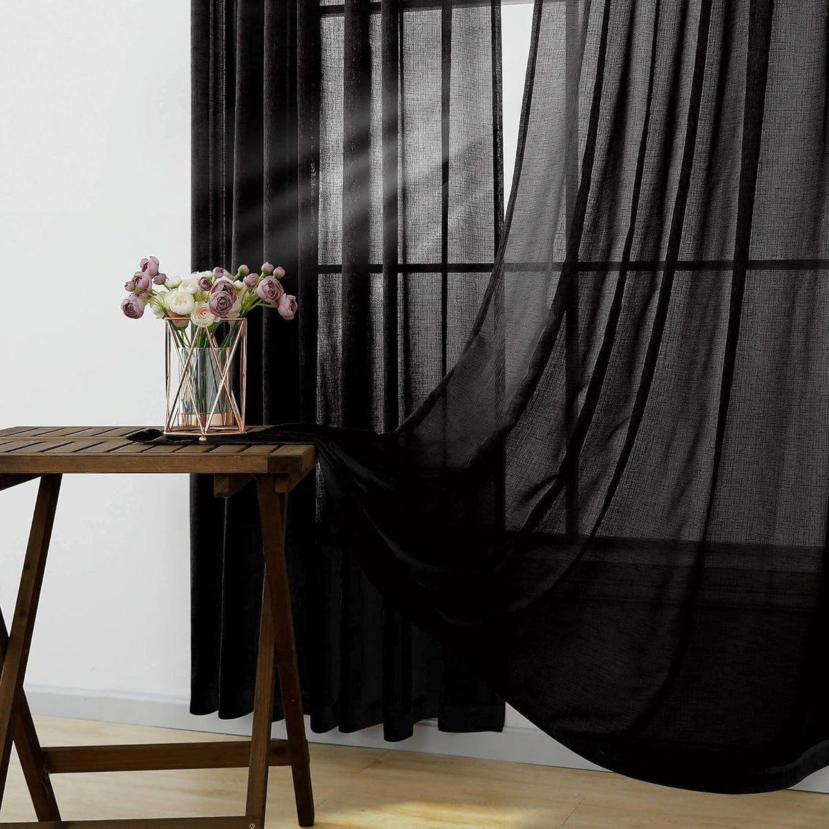 Navy Blue Semi Sheer Faux Linen Rod Pocket Curtains 84 Inch Set of 2 Panels J573360