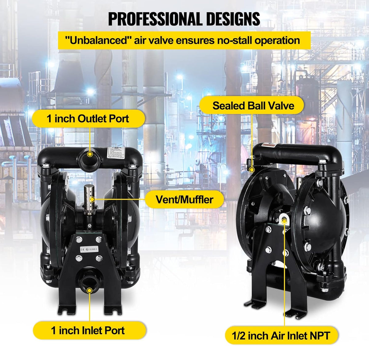Air-Operated Double Diaphragm Pump 1 inch Aluminum 35 GPM Max 120PSI X2067
