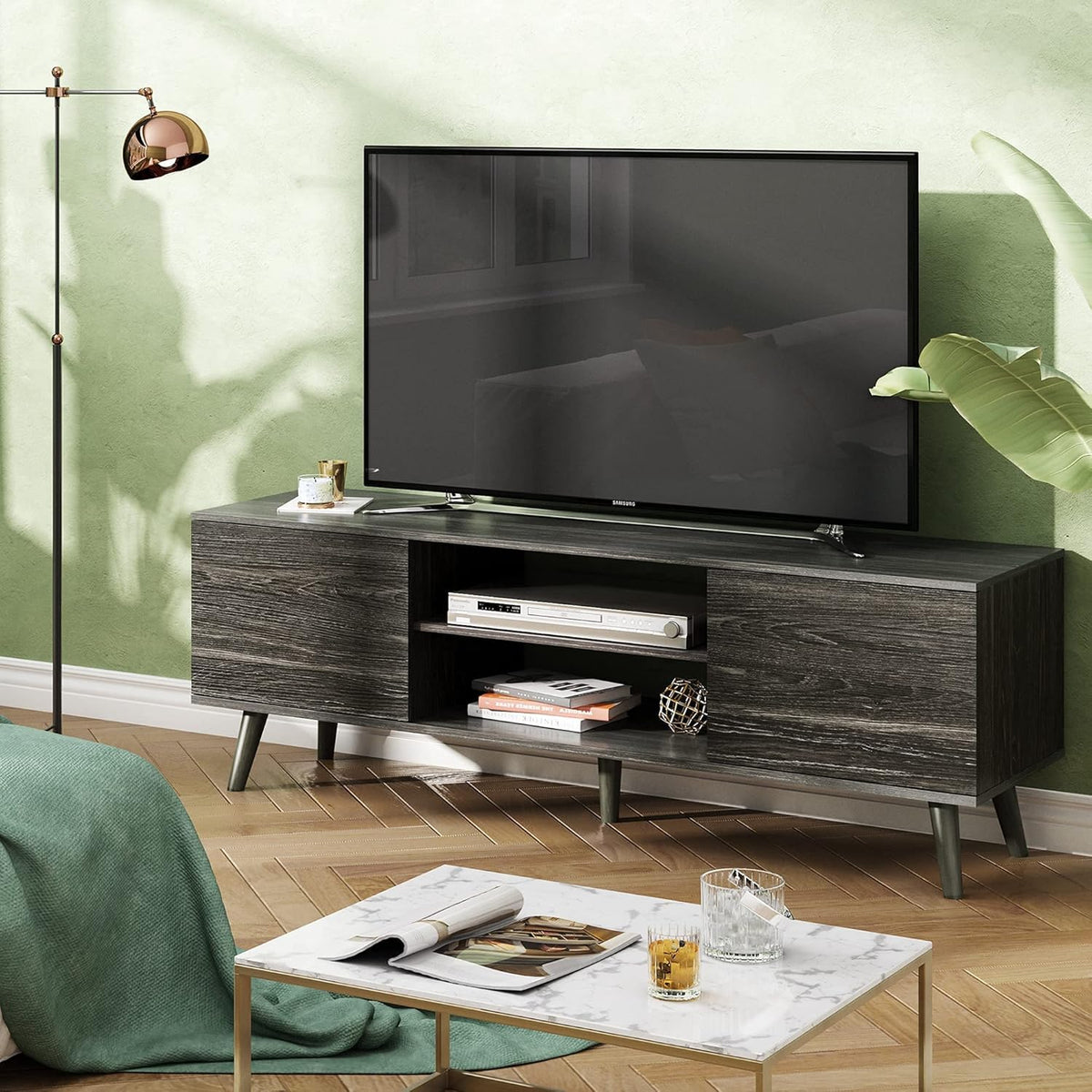 Gray Oak TV Stand with Storage Cabinet and Open Shelves Q4064