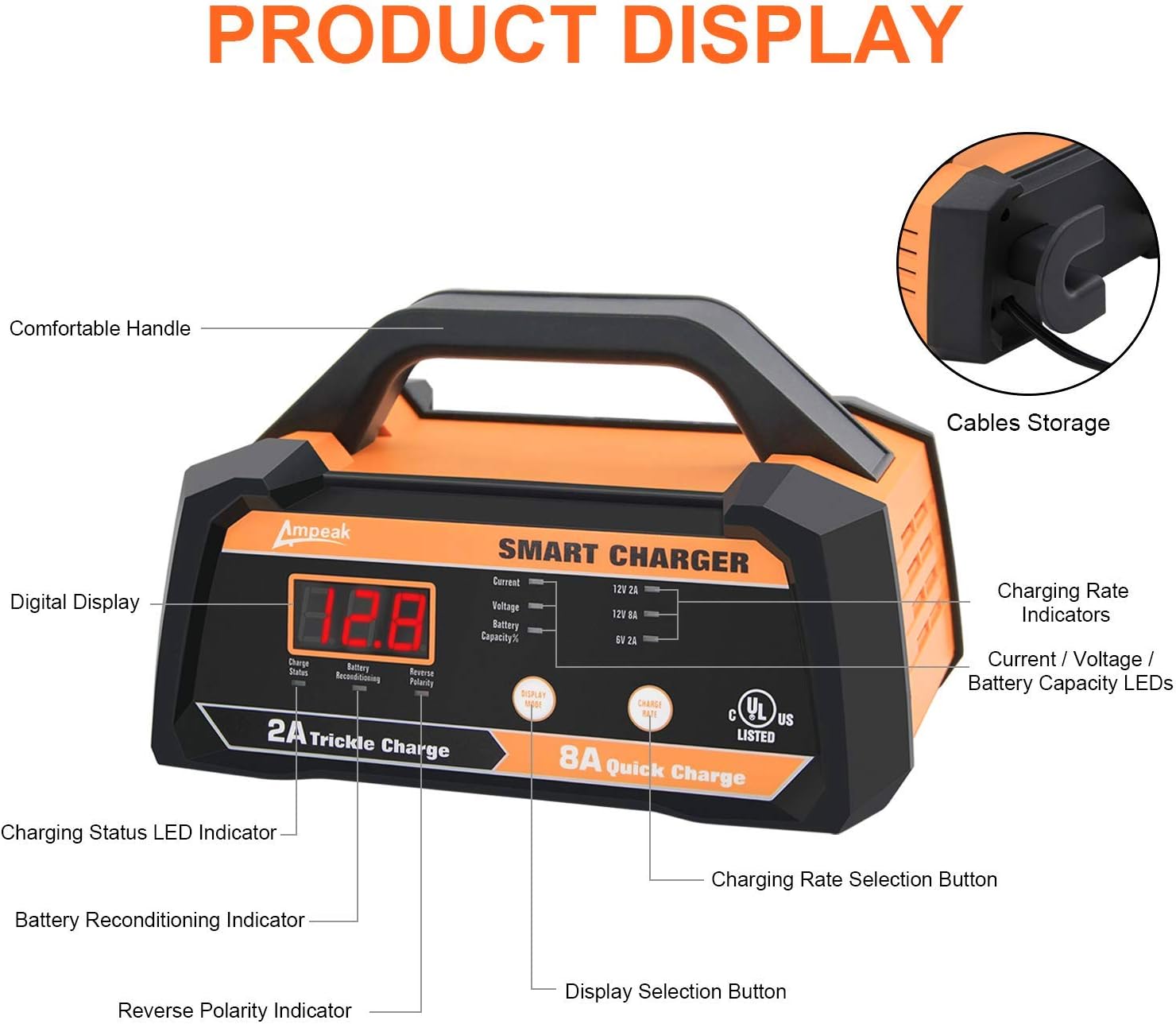 6V 12V Smart Car Battery Charger and Maintainer 2A 8A with Cable Clamps H2641