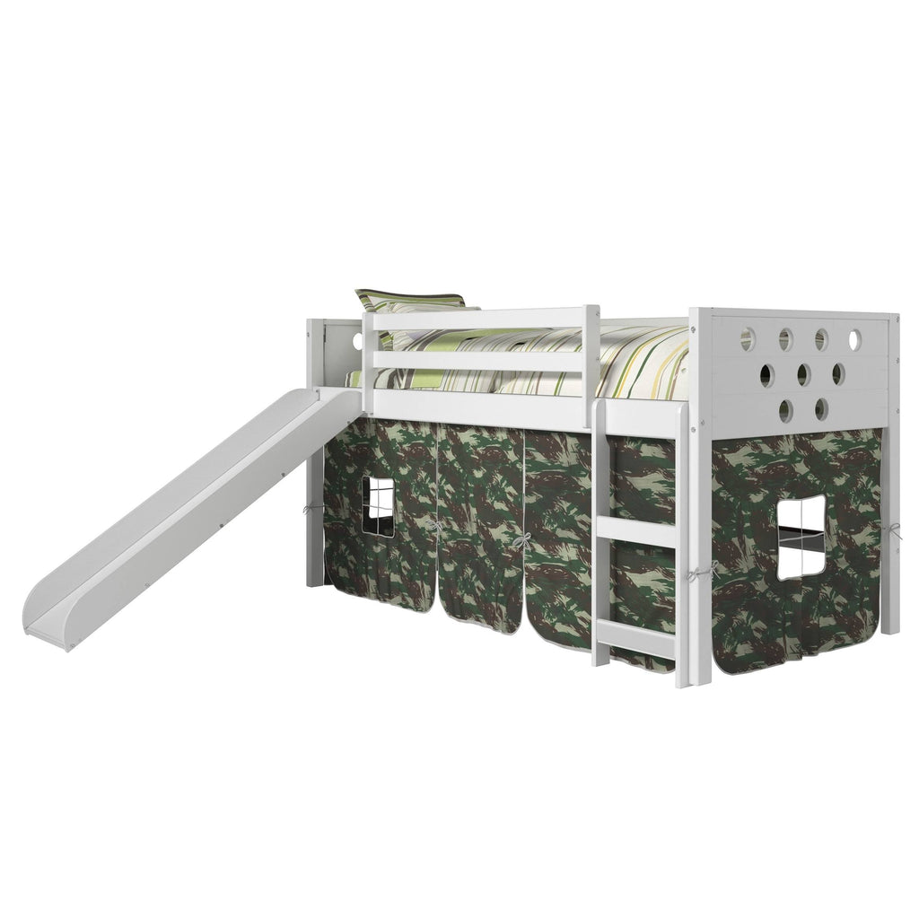 White Twin Circles Low Loft Bed with Slide and Camo Tent Kit U1315