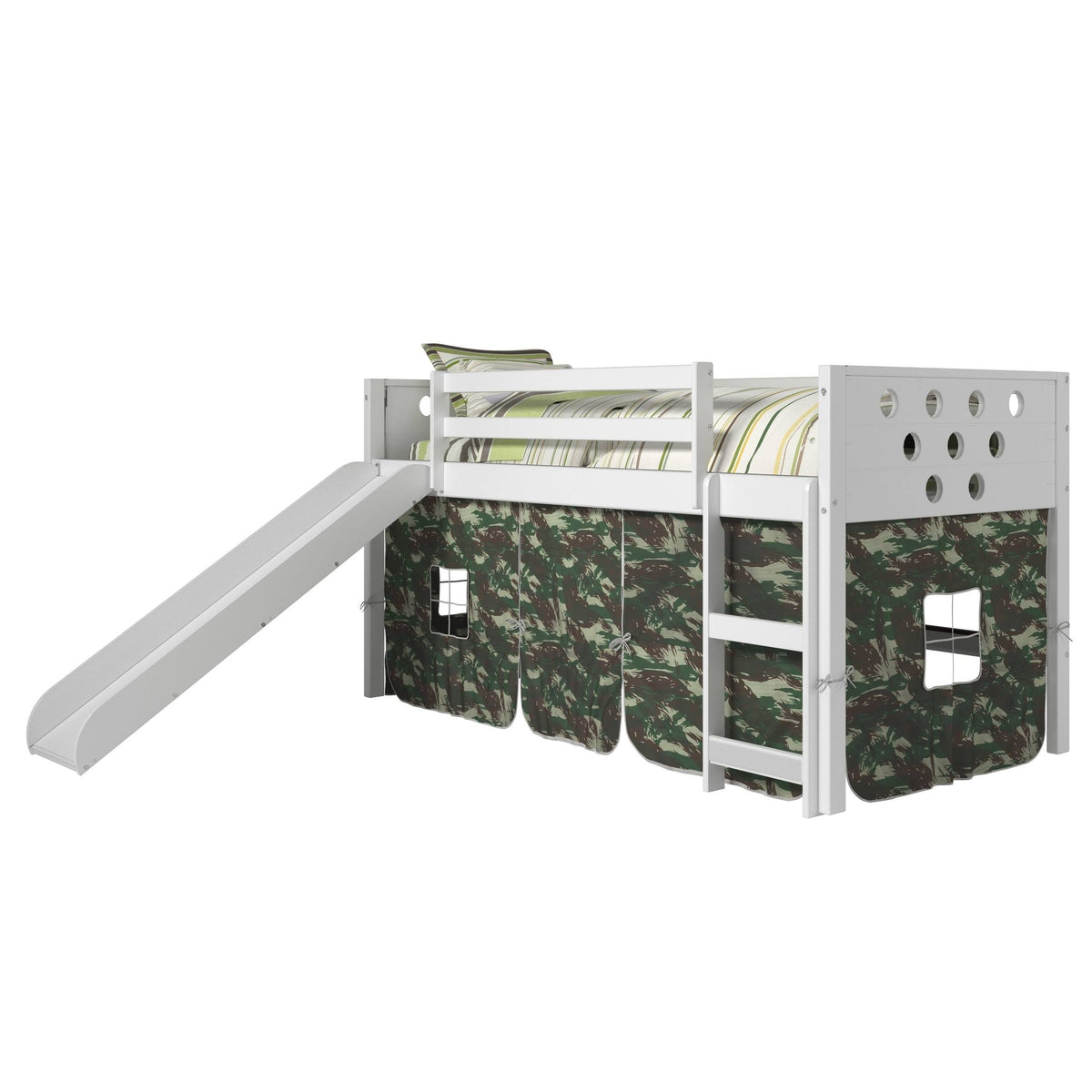 White Twin Circles Low Loft Bed with Slide and Camo Tent Kit U1315