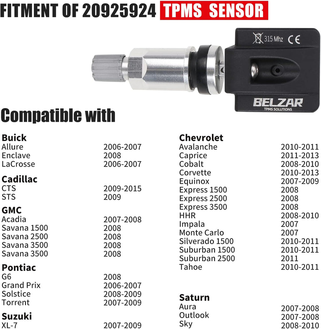 TPMS Preprogrammed 315MHz Sensor Replacement 4 Pack M525581
