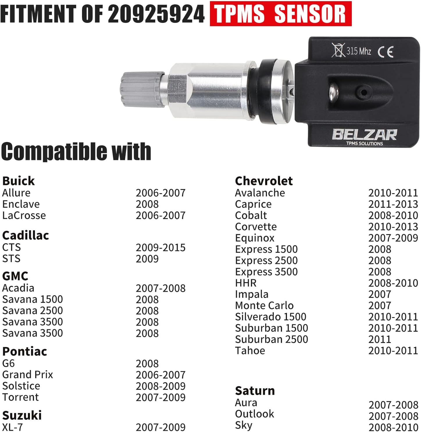 TPMS Preprogrammed 315MHz Sensor Replacement 4 Pack M525581
