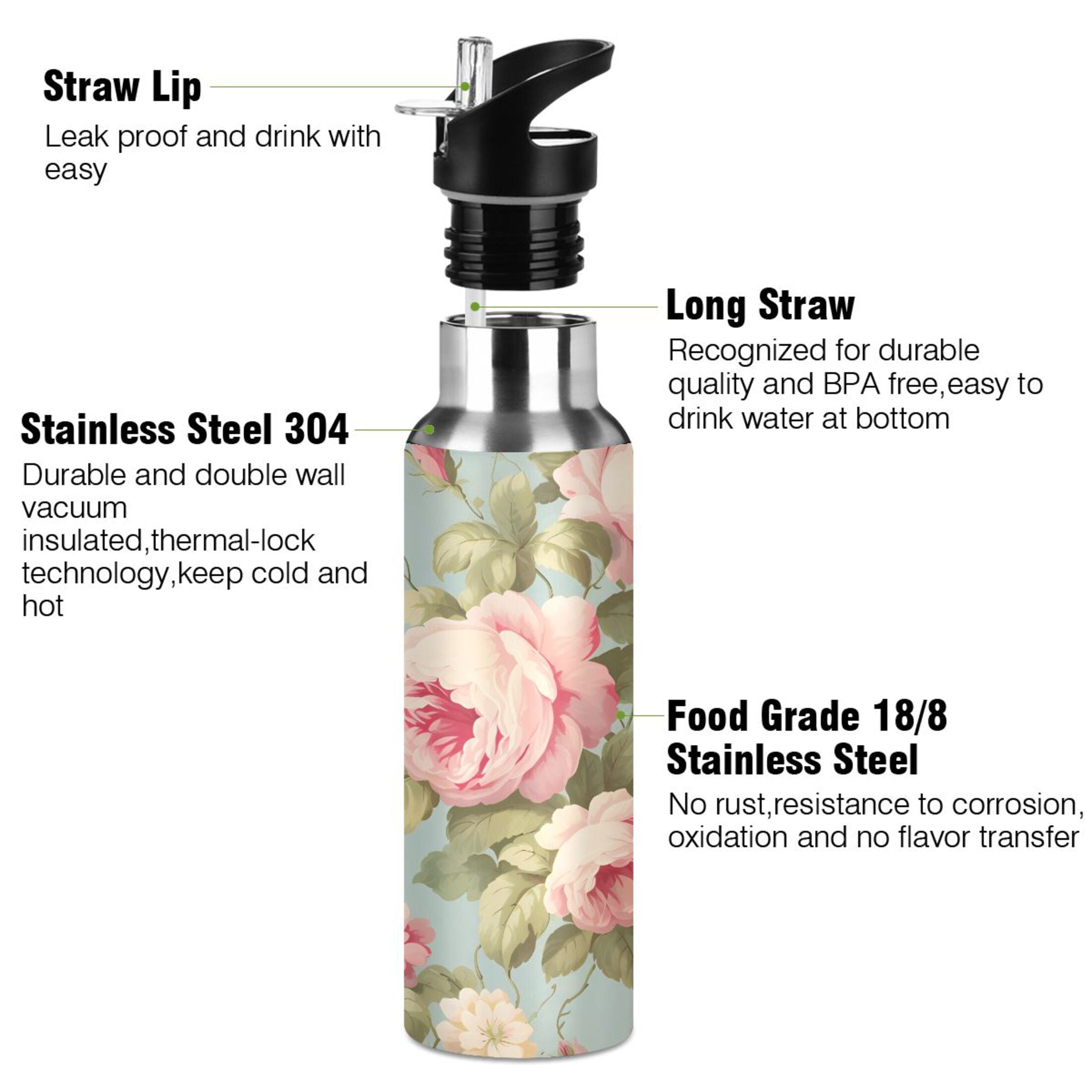 Pink Stainless Steel Insulated Water Bottle with Straw Lid T34878