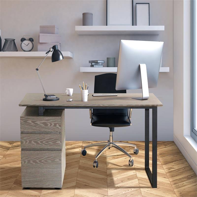 Reversible Home Office Desk with Filing Cabinet in Gray F116
